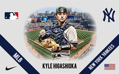 Kyle Higashioka, New York Yankees, American Baseball Player, MLB, portrait, USA, baseball, Yankee Stadium, New York Yankees logo, Major League Baseball