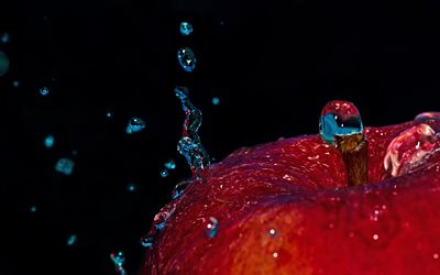 red apple, water drops, water splashes, ripe fruits, apples, background with apple