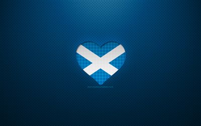 J&#39;aime l&#39;Ecosse, 4k, Europe, fond pointill&#233; bleu, coeur de drapeau &#233;cossais, Ecosse, pays pr&#233;f&#233;r&#233;s, Love Ecosse, drapeau &#233;cossais