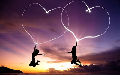 silhouette di amanti, concetti d&#39;amore, due cuori, tramonto, cuori creativi e astratti, sfondo con cuori, volo di amanti