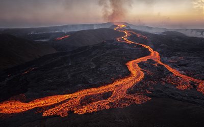 vulkan, varm lava, vulkanutbrott, lava, kv&#228;ll, eldig flod