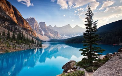 North America, Moraine Lake, morning, Banff National Park, blue lake, mountains, Canada