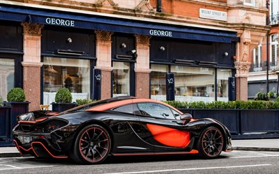 McLaren P1 MSO, 2017, hypercar, tuning P1, black-orange P1, British sports car, McLaren