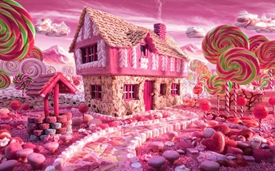 Maison de Barbie, sucettes, paysage fabuleux, art 3D, Pays de Barbie, conte de f&#233;es