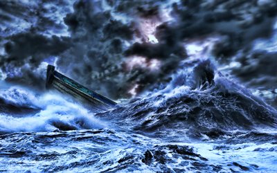 barco afundando, ondas enormes, tempestade, elemento, barco, mar