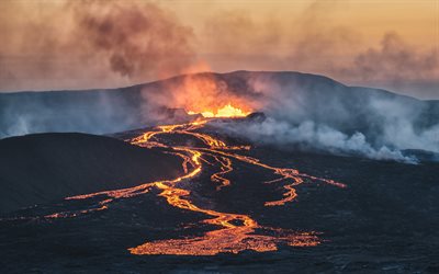 volcano eruption, lava, burning river, lava flow, burning stream, volcano