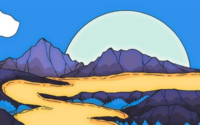 abstract landscapes, moon, river, drawing mountains, creative, skyline, abstract nature, drawing landscapes