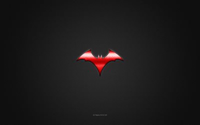 batwoman-logotyp, r&#246;d gl&#228;nsande logotyp, batwoman-metallemblem, gr&#229; kolfiberstruktur, batwoman, varum&#228;rken, kreativ konst, batwoman-emblem