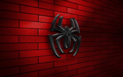 logotipo de spider-man 3d, 4k, pared de ladrillo rojo, creativo, superh&#233;roes, logotipo de spider-man, peter parker, arte 3d, spider-man