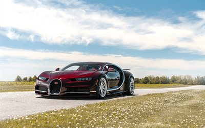 Bugatti Chiron, 2018, hypercar, viininpunainen musta Chiron, tuning, superautot, Bugatti
