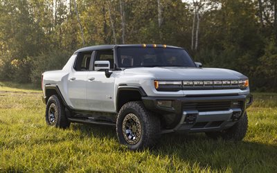 GMC Hummer EV, 2022, 4k, front view, electric SUV, new white Hummer EV, American cars, GMC