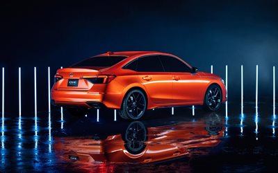 2022, Honda Civic prototype, rear view, exterior, orange sedan, new orange Civic 2022, japanese cars, Honda
