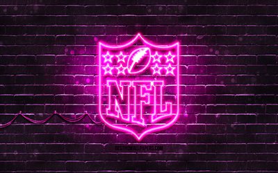 NFL mor logo, 4k, mor brickwall, Ulusal Futbol Ligi, NFL logosu, Amerikan futbol Ligi, NFL neon logo, NFL