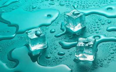 cubos de gelo, 4K, gotas de &#225;gua, gelo azul, &#225;gua derramada, fundos de gelo, &#225;gua, gelo