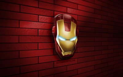 logo iron man 3d, 4k, muro di mattoni rossi, ironman, creativo, supereroi, logo iron man, arte 3d, iron man