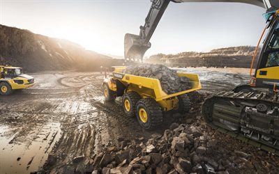 Volvo A60H, 2018, Heavy duty dump truck, loading of stones, quarry, excavator, Swedish trucks, construction machinery, Volvo