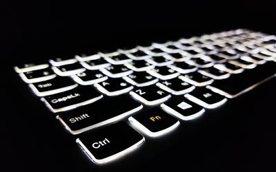 keyboard with white backlight, keyboard on black background, modern technology, keyboard, key illumination, it service concepts