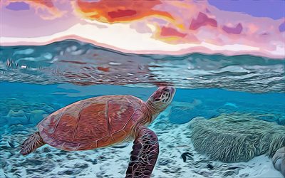 tartaruga, noite, p&#244;r do sol, 4k, arte vetorial, desenho de tartaruga, arte criativa, arte da tartaruga, desenho vetorial, resumo de animais, tartaruga subaqu&#225;tica, mundo subaqu&#225;tico