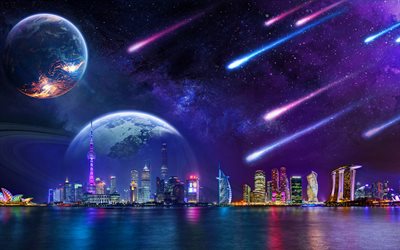 skyline stadsbilder, 4k, fantasy art, kometer, skyskrapor, natt, planeter
