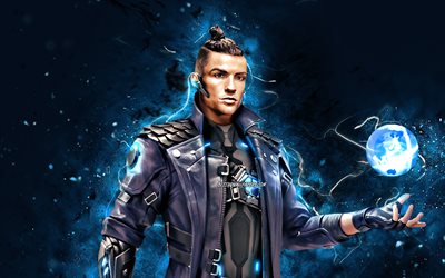Cristiano Ronaldo Free Fire, 4k, fan art, 2021 oyunları, Chrono, Free Fire Battlegrounds, Garena Free Fire karakterleri, Chrono Skin, mavi neon ışıklar, Garena Free Fire, Chrono Free Fire