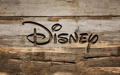 Disney wooden logo, 4K, wooden backgrounds, brands, Disney logo, creative, wood carving, Disney