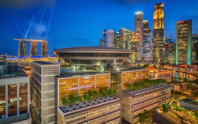 singapore, 4k, pilvenpiirt&#228;j&#228;t, y&#246;maisemat, modernit rakennukset, aasia, marina bay sands