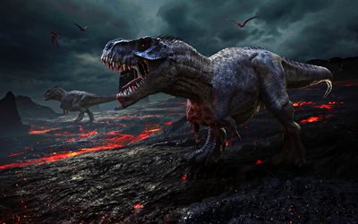dinossauros irritados, arte 3D, lava, vida selvagem, monstros, dinossauros