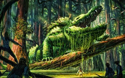 crocodile, monster, people, fairy forest, battle, artwork