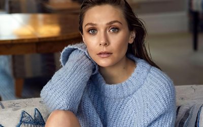 Elizabeth Olsen, portrait, american actress, photoshoot, blue knitted sweater, american star, Hollywood