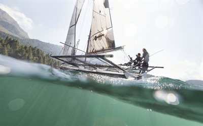 yachtkatamaran, segling, segelb&#229;t, sj&#246;, vattensporter, engadin, schweiz