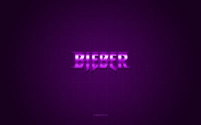 justin bieber -logo, violetti kiilt&#228;v&#228; logo, justin bieber -metallitunnus, harmaa hiilikuiturakenne, justin bieber, tuotemerkit, luova taide, justin bieber -tunnus