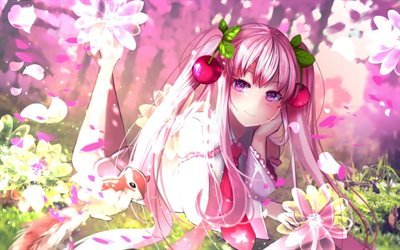 vocaloid, sakura, mike, narami, Fairy skogen, rosa blommor