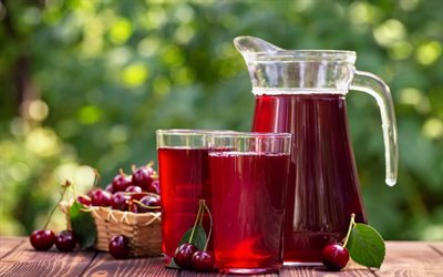 suco de cereja, frutas maduras, cerejas, sucos de ver&#227;o, jarro de suco de cereja