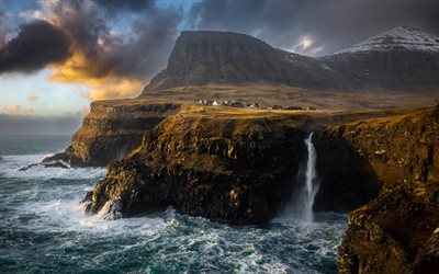 Faroe Islands, evening, sunset, coast, Faroes, waterfall, village, North Atlantic archipelago