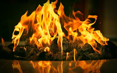 fogo, lareira, brasas acesas, close-up, chamas de fogo, chama, fundo com fogo, textura de fogo, chamas, texturas de fogo