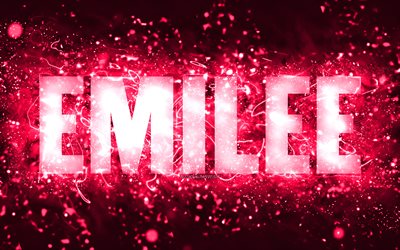 Happy Birthday Emilee, 4k, pink neon lights, Emilee name, creative, Emilee Happy Birthday, Emilee Birthday, popular american female names, picture with Emilee name, Emilee