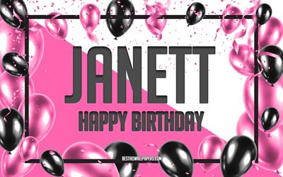 joyeux anniversaire janet, fond de ballons d anniversaire, janet, fonds d &#233;cran avec des noms, janet joyeux anniversaire, fond d anniversaire de ballons roses, carte de voeux, anniversaire de janet