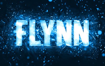 buon compleanno flynn, 4k, luci al neon blu, nome flynn, creativo, flynn buon compleanno, compleanno di flynn, nomi maschili americani popolari, foto con nome flynn, flynn