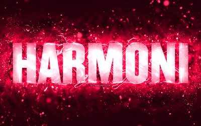 joyeux anniversaire harmoni, 4k, rose n&#233;on, harmoni nom, cr&#233;atif, harmoni joyeux anniversaire, harmoni anniversaire, les noms f&#233;minins am&#233;ricains populaires, image avec le nom harmoni, harmoni