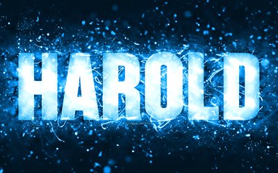 Happy Birthday Harold, 4k, blue neon lights, Harold name, creative, Harold Happy Birthday, Harold Birthday, popular american male names, picture with Harold name, Harold