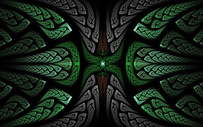 fractals, green and black, 3d art, floral pattern, creative, fractal art