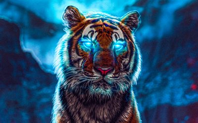 abstrakter tiger, 4k, blaue augen, kreativ, raubtiere, tiger bei nacht, dunkelheit, tiger