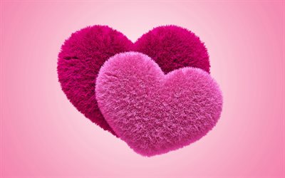 pink fluffy hearts, love concepts, two hearts, pink backgrounds, creative, 3D art, 3D hearts, background with hearts