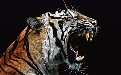 tiger, 4k, vektorgrafiken, tigerzeichnung, kreative kunst, tigerkunst, vektorzeichnung, abstrakte tiere, wut, wilde tiere, w&#252;tender tiger